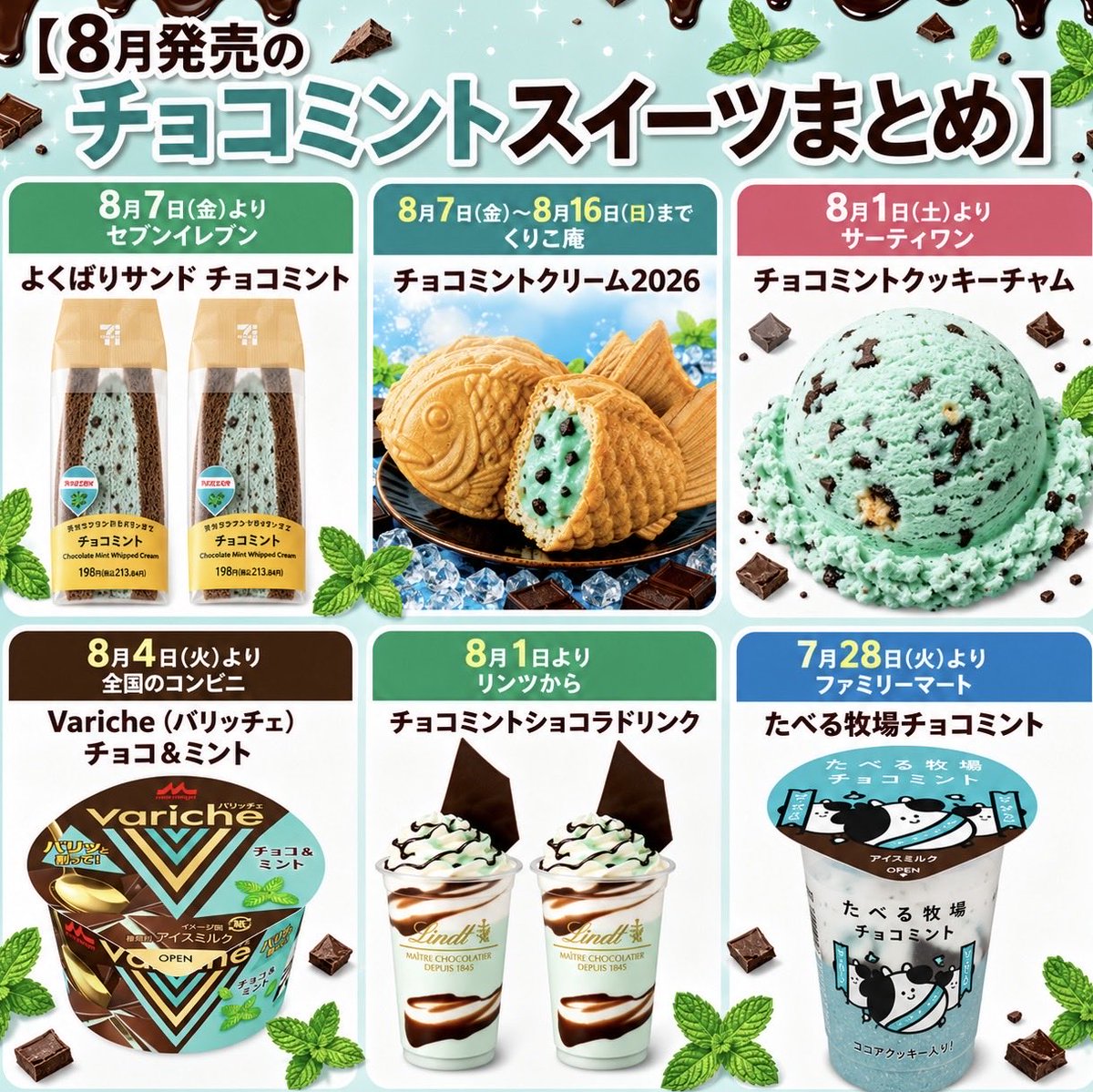 sweetroad5's tweet photo. 8月発売のチョコミントスイーツをまとめました✨

・８月７日(金)よりセブンイレブンから「よくばりサンド チョコミント」
・8月7日(金)〜 8月16日(日)までくりこ庵から「チョコミントクリーム2026」
・８月１日(土)よりサーティワンから「チョコミントクッキーチャム」
・８月４日(火)より全国のコンビニから「Variche（バリッチェ） チョコ＆ミント」
・８月１日よりリンツから「チョコミントショコラドリンク」
・７月２８日(火)よりファミリーマートから「たべる牧場チョコミント」
https://t.co/GUDdRdilVP