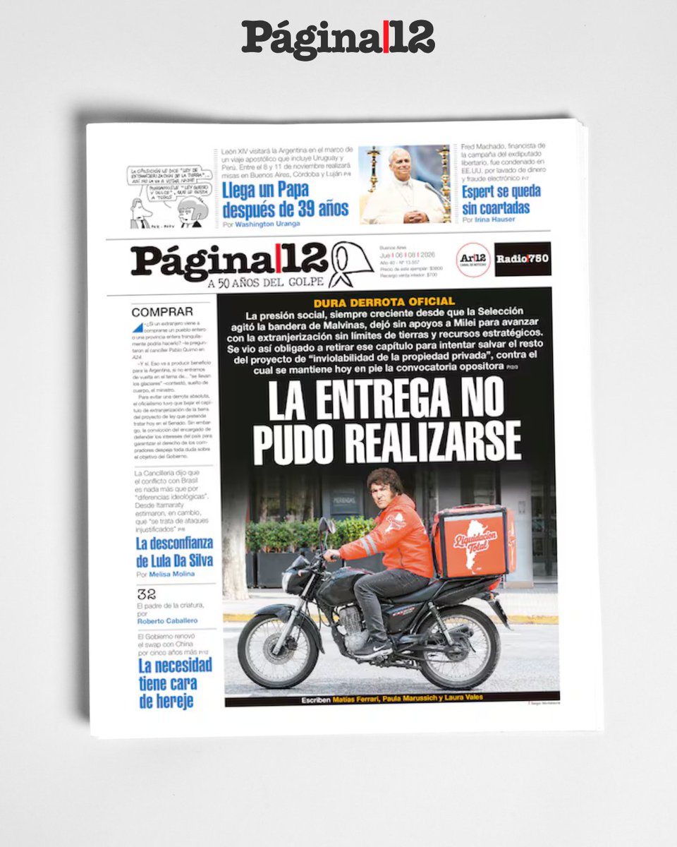 pagina12's tweet photo. LA ENTREGA NO PUDO REALIZARSE

La presión social, siempre creciente desde que la Selección agitó la bandera de Malvinas, dejó sin apoyos a Milei para avanzar con la extranjerización sin límites de tierras y recursos estratégicos.  https://t.co/eCMZd4Jf7T https://t.co/qXv2MvcKj3