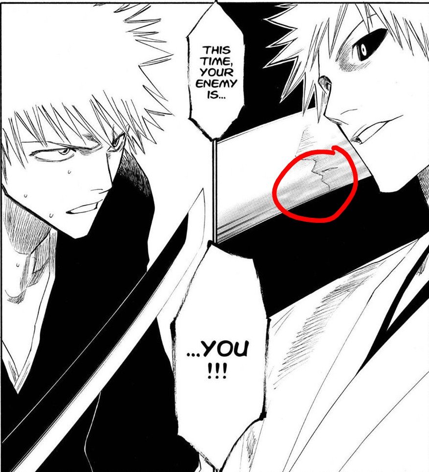 saheii_'s tweet photo. You can see in the reflection that Zangetsu was actually sad that he had to fight Ichigo https://t.co/Kb7iEHNBX4