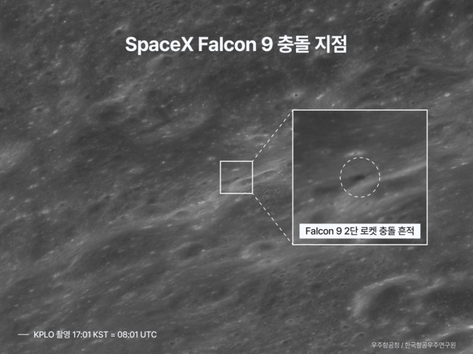 UAPWatchers's tweet photo. 🚨THE FIRST IMAGE OF THE FALCON 9 NEW CRATER ON THE MOON

The first before and after orbital image of the Falcon 9 upper stage impact site has now been released.

South Korea's Danuri lunar orbiter photographed the area before and after the discarded rocket slammed into the Moon at roughly 2.4 km per second.

The impact itself was hidden from Danuri's view, but the new imagery appears to show the fresh disturbance left behind on the lunar surface.

#Moon #SpaceX #Falcon9 #Danuri #LunarImpact #SpaceDebris #Astronomy