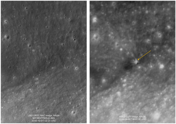 UAPWatchers's tweet photo. 🚨THE FIRST IMAGE OF THE FALCON 9 NEW CRATER ON THE MOON

The first before and after orbital image of the Falcon 9 upper stage impact site has now been released.

South Korea's Danuri lunar orbiter photographed the area before and after the discarded rocket slammed into the Moon at roughly 2.4 km per second.

The impact itself was hidden from Danuri's view, but the new imagery appears to show the fresh disturbance left behind on the lunar surface.

#Moon #SpaceX #Falcon9 #Danuri #LunarImpact #SpaceDebris #Astronomy