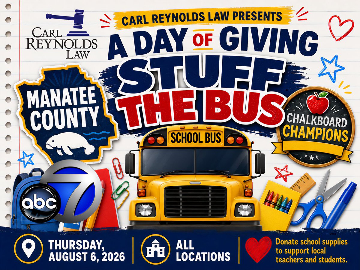 CarlReynolds247's tweet photo. Manatee County, help us Stuff the Bus! Join Carl Reynolds Law’s A Day of Giving on Thursday, August 6. Drop off new school supplies at any location and help local teachers and students begin the year prepared! #ManateeCounty #StuffTheBus #DayOfGiving https://t.co/cro7nrodDk