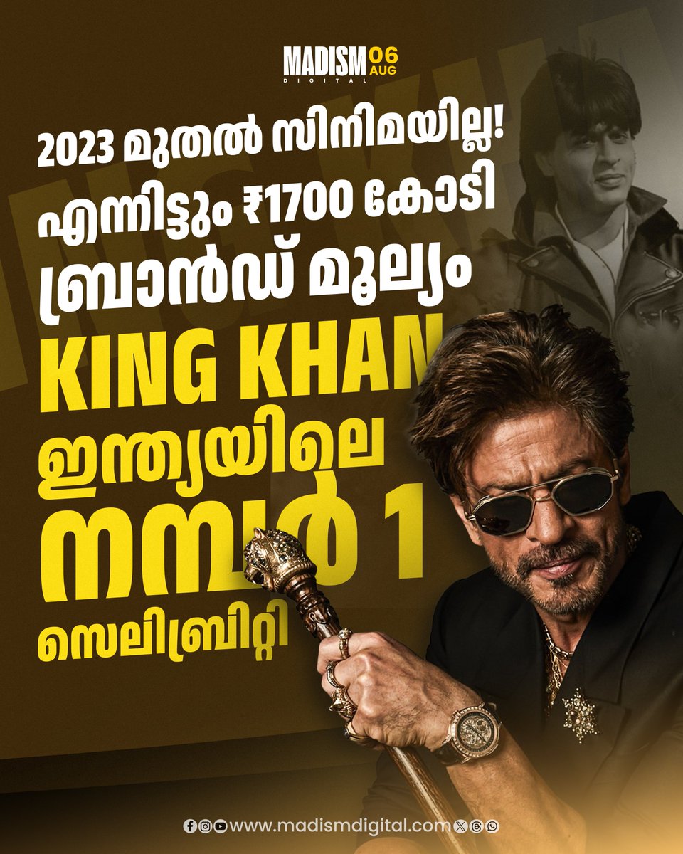 madism_digital's tweet photo. 2025ലെ ക്രോൾ സെലിബ്രിറ്റി ബ്രാൻഡ് വാലുവേഷൻ റിപ്പോർട്ടിൽ 177.9 മില്യൺ ഡോളർ (ഏകദേശം ₹1,700 കോടി) ബ്രാൻഡ് മൂല്യവുമായി ഷാരൂഖ് ഖാൻ ഇന്ത്യയിലെ ഏറ്റവും മൂല്യമേറിയ സെലിബ്രിറ്റിയായി.
#shahrukhkhan #brandvalues #bollywood https://t.co/hFQmtkIt0s