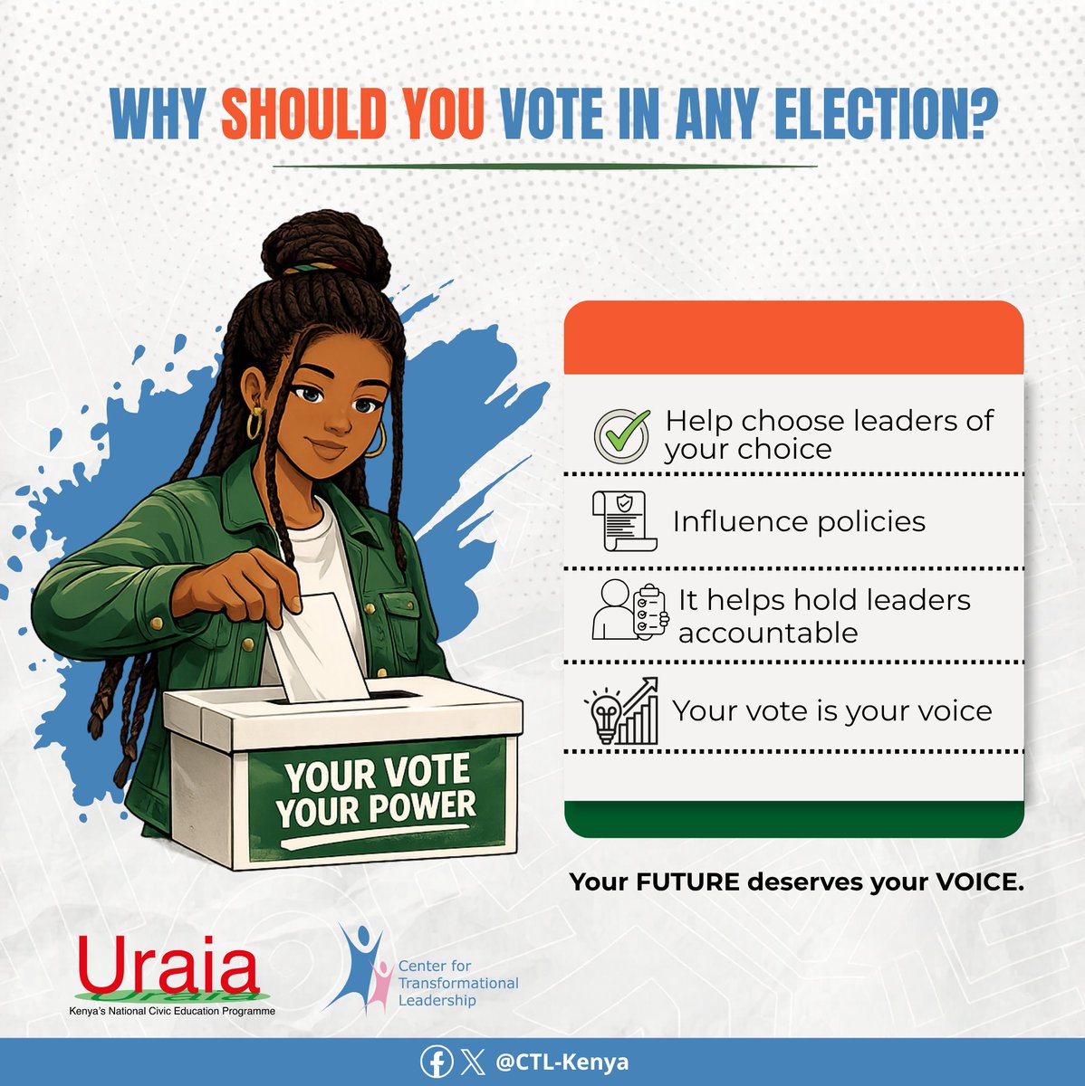 CTLKenya's tweet photo. Every election is a choice about the future you want to live in. 

The leaders you elect will make decisions that affect you on a day to day basis

Choose wisely. Your future deserves your voice.
#YourVoteYourPower https://t.co/plCh3GHB0o