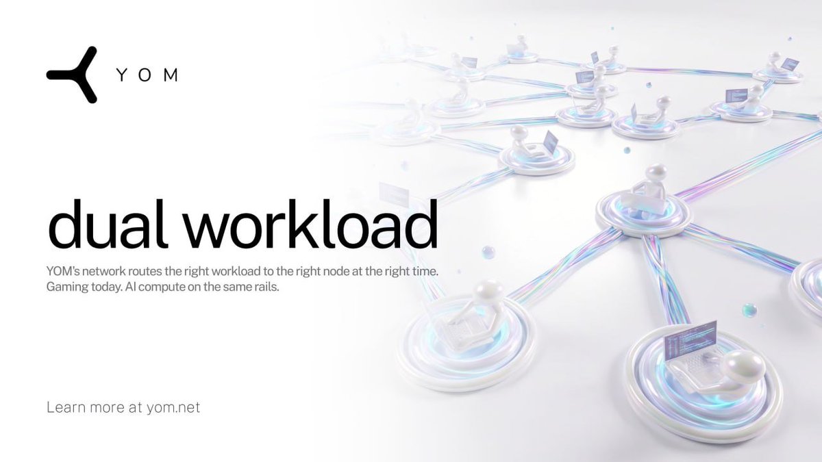 YOM_Official's tweet photo. A GPU that streams a game at 7pm can process an AI inference job at 3am.

One machine. Two workload types. Zero idle time wasted.
YOM's network routes the right workload to the right node at the right time.

Gaming today. AI compute on the same rails. https://t.co/SclpjQxTKG
