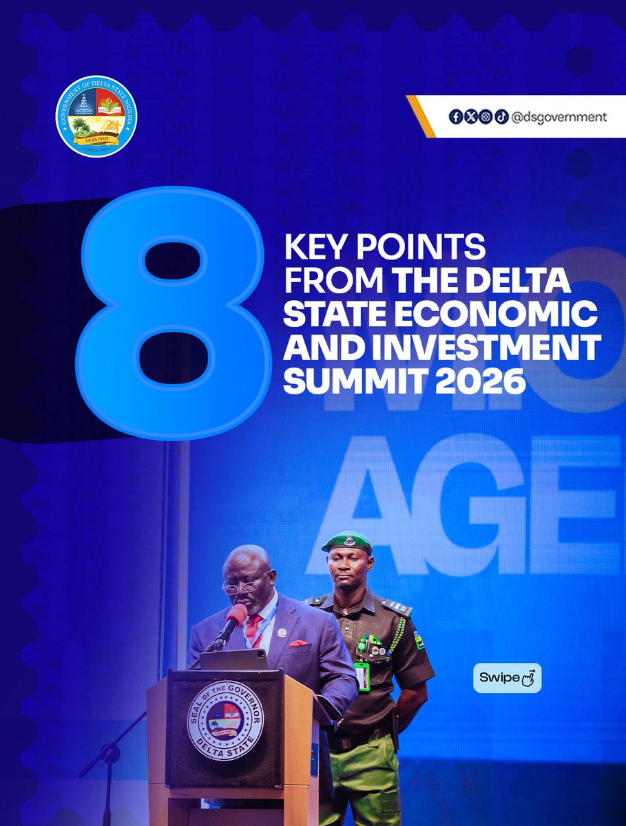 DSGovernment's tweet photo. The Delta State Economic & Investment Summit 2026 delivered more than conversations. It reinforced key lessons on investment, economic diversification, strategic partnerships and sustainable growth.

Here are eight key takeaways that reflect Delta State’s vision for a more competitive and prosperous future.

#InvestDelta #DeltaEconomicSummit2026 #MOREAgenda