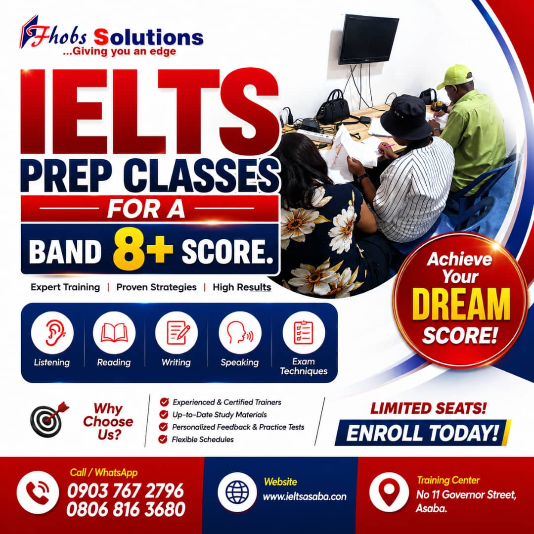 FhobsS's tweet photo. Ready to study, work, or migrate abroad?🌍
Get the IELTS score you need with expert coaching at IELTS Asaba Center. Join our online or in-person classes and aim for Band 8+
📲 Register Now: 09037672796 | 08068163680
#IELTS #StudyAbroad #IELTSPrep #Band8 #StudyInCanada https://t.co/emNXmf6uLs