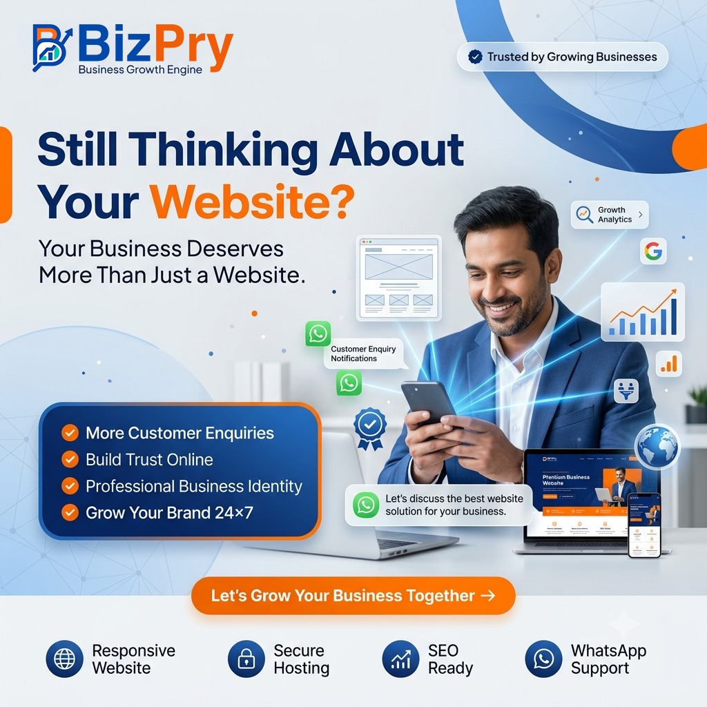 BizPry's tweet photo. 🚀 Still thinking about your website?
Your business deserves more than just an online presence.

Build trust. Generate enquiries. Grow your brand 24×7 with BizPry. 

🌐 Explore Local to Global.
#BizPry #WebsiteDesign #BusinessGrowth #SEO #DigitalMarketing  #MSME #Entrepreneur https://t.co/5siwbaZV4d