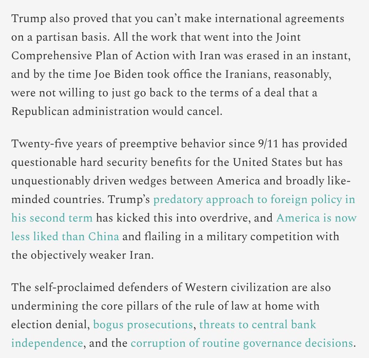 mattyglesias's tweet photo. Donald Trump, skilled in all ways of contending, has made it impossible for the United States to reach stable diplomatic agreements or policy commitments thanks to his trickster persona and now our age of credible rule of law is collapsing. 

https://t.co/i0hm8BSiTy https://t.co/fL0S8Oqesp