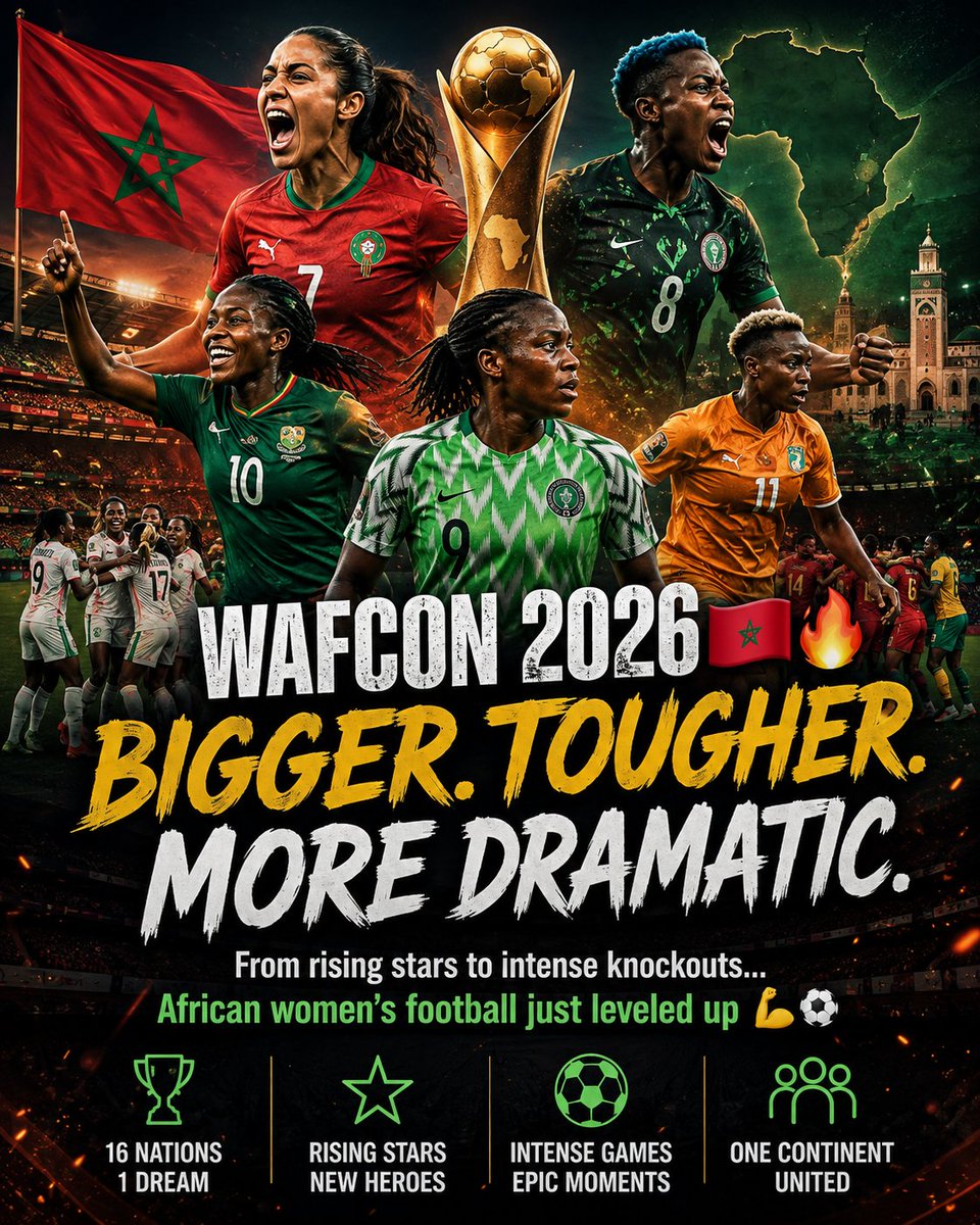 90thGlobe's tweet photo. 🌊🚨 #WAFCON 2026 🇲🇦🔥
🔹Bigger. Tougher. More dramatic. Action packed.
🔹From rising stars to intense knockouts Games. African women’s football just levelled up.

#womenfootball https://t.co/hg4NNB5WVO