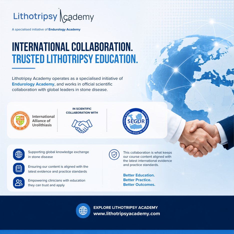 lithoacademy's tweet photo. A specialised initiative of @endouroacademy  works in official scientific collaboration with 𝗜𝗔𝗨 and 𝗦𝗘𝗚𝗨𝗥𝗦.
Together, we support global knowledge exchange and education aligned with current evidence and international practice in stone disease.
https://t.co/Vc52uZUjKi https://t.co/iVjeHpNYCt