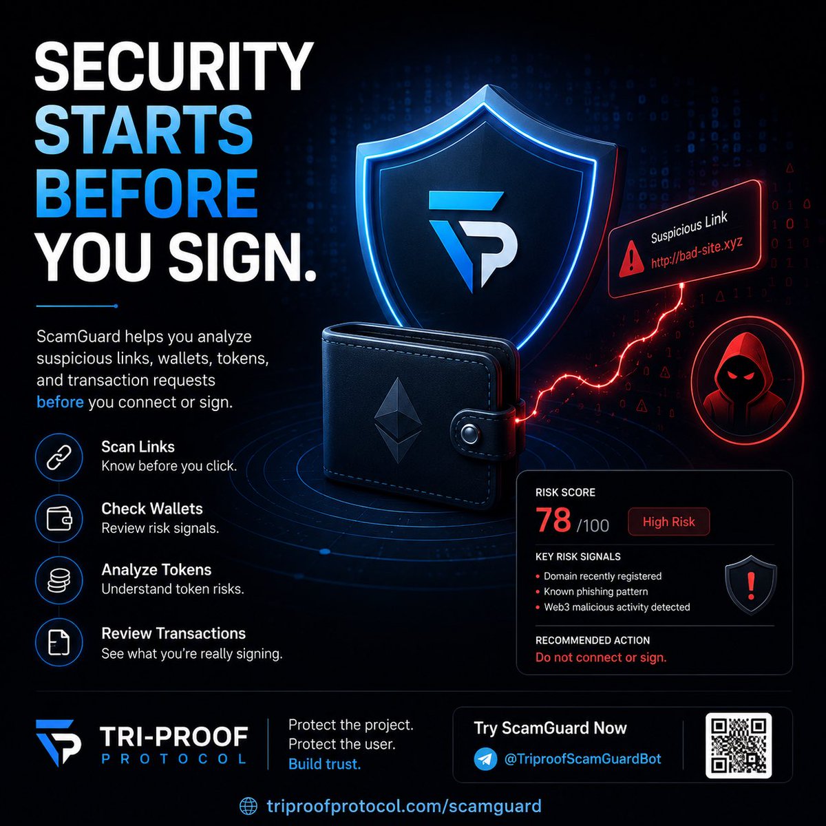 TriProof_'s tweet photo. Not every Web3 threat starts with a signed transaction.

Sometimes, it starts with a single click.

Scan suspicious links, wallets, tokens, and transaction requests before you connect or sign.

Security starts before you sign.

https://t.co/1ClmDS21Wu

#Web3 #CryptoSecurity #ScamGuard