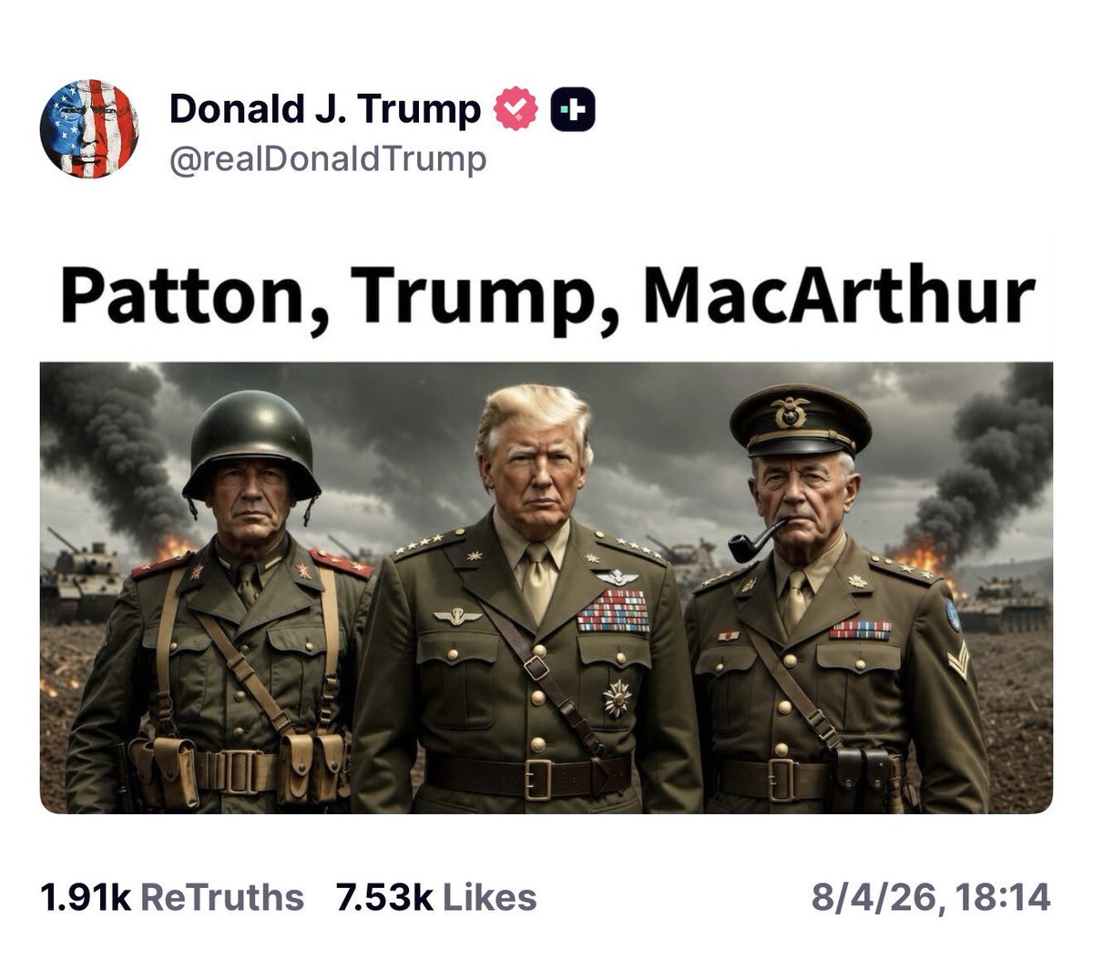 Matt_Bracken48's tweet photo. How do we know for sure Trump has lost his mind?
     He posts absolute garbage like this.
Trump not only promoted his fantasy self to 4-star general, he demoted Patton and MacArthur to some kind of non-existent foreign enlisted ranks. 
     And this man controls the nuclear war button. God help us.