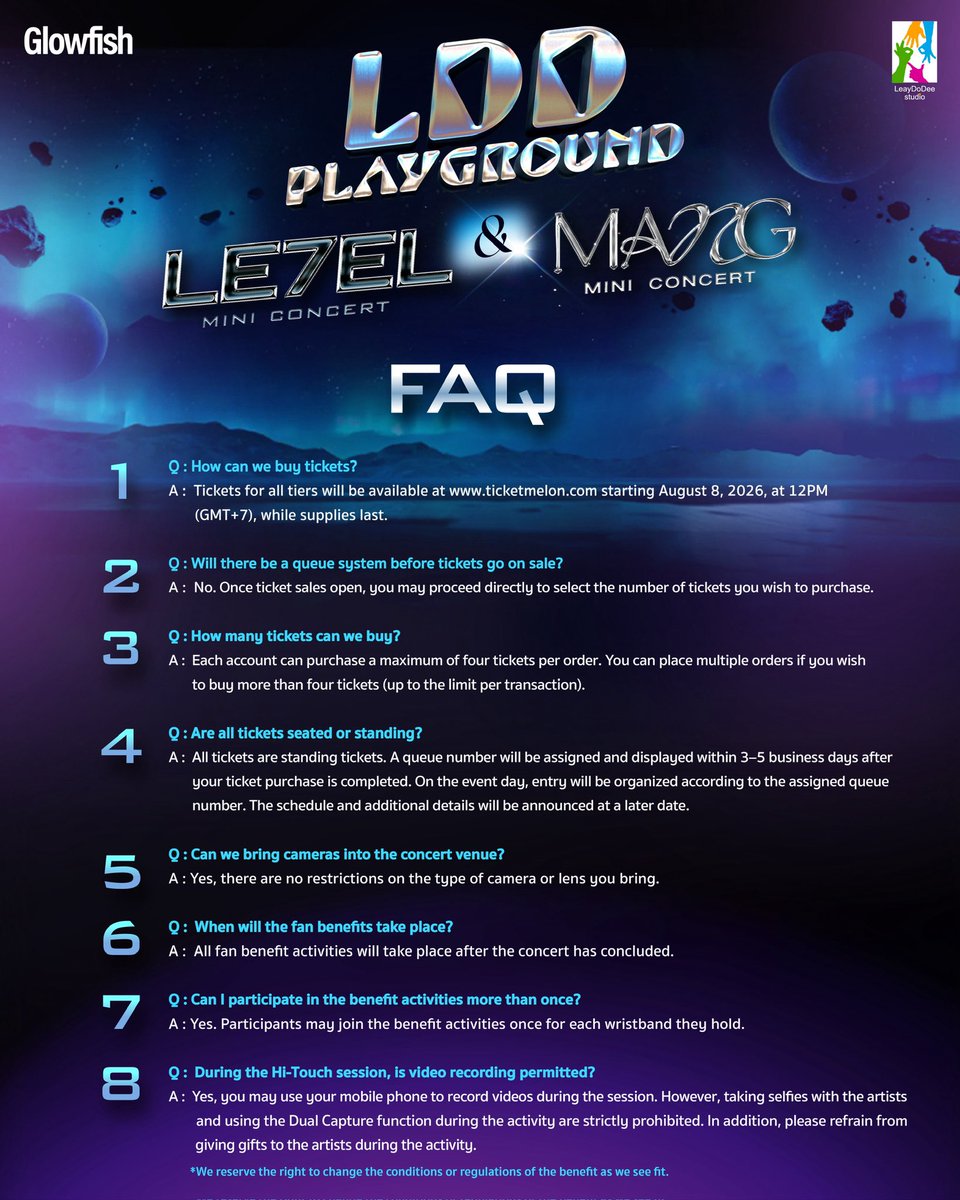 LeayDoDee's tweet photo. FAQ
𝗟𝗗𝗗 𝗣𝗟𝗔𝗬𝗚𝗥𝗢𝗨𝗡𝗗 :
💙LE7EL MINI CONCERT
💜MANG MINI CONCERT 

พร้อมกดบัตรแล้วหรือยัง? ก่อนถึงเวลา อย่าลืมอ่าน FAQ เช็กข้อมูลให้ครบ แล้วเจอกันวันกดบัตรเสาร์นี้น้า~

🌟TICKET SALE DATE: 8 AUGUST 2026 12PM via https://t.co/MqIyAYbIak
🔹TICKET PRICE: 599 BAHT (All Standing)
🌟SPECIAL BENEFIT: ALL HI-TOUCH
🔹 TIME: LE7EL 2PM | MANG 7PM
🌟VENUE: Glowfish Conference Hall Sathorn

#LDDPLAYGROUNDxLE7EL
#LE7EL
#LDDPLAYGROUNDxMANG
#sleepymangx
#LeayDoDee