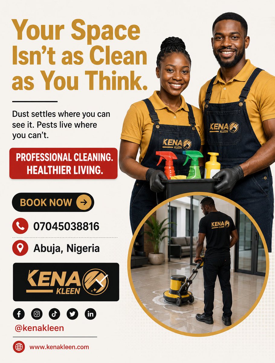 KenaKleen's tweet photo. Dust settles where you can see it. Pests live where you canโt. ๐
Professional cleaning. Healthier living. โจ
๐ 07045038816
๐ Abuja, Nigeria
#KenaKleen #fumigationcompanyabuja
#bbnaija #2baba #efcc #lagosondisplay
#anewosunispossible #cleaningcompanyabuja https://t.co/TgzlRMTR6f