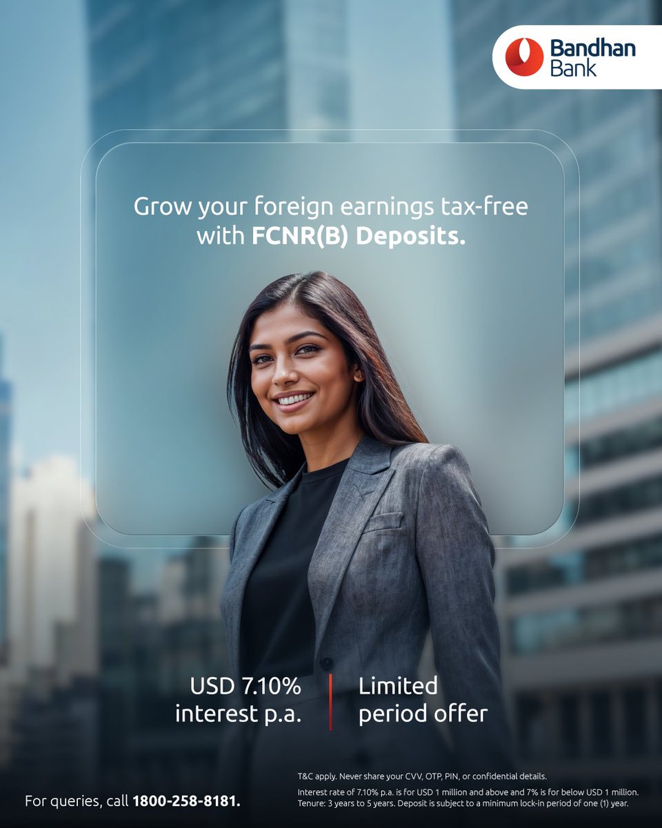 bandhanbank_in's tweet photo. Build your savings back home while living abroad. Our FCNR (B) Deposit lets you hold deposits in foreign currency, shields you from exchange rate volatility, and offers tax-free returns in India.

Learn more: https://t.co/fEW1Kjcsna
Locate a branch: https://t.co/5GdPfoltO7

T&C apply. #NRIBanking #FCNRDeposit #Deposits #BandhanBank