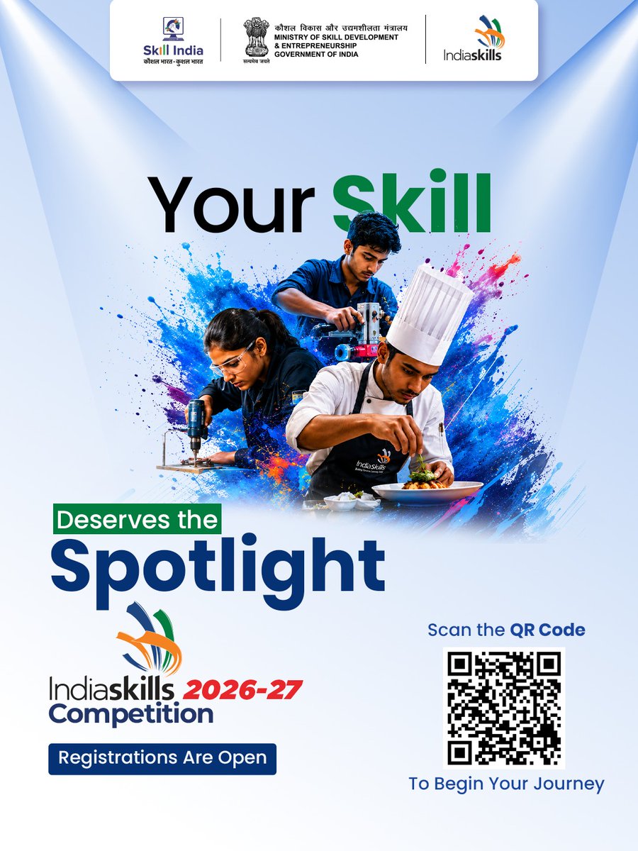 WorldSkillsInd's tweet photo. The search for India’s finest - Skill Champions begins now.

Across workshops, classrooms and workplaces, skilled individuals are preparing to take their next big step.
IndiaSkills 2026–27 Competition registrations are now open.

Will your skill make its mark?
Register now: https://t.co/k6LhnAlnVR 

@PMOIndia @narendramodi @jayantrld @Office_ChJayant @MSDESkillIndia @NSDCIndia @SkillsASDC @skillthsc @bwsscofficial @ffscin @sscnasscom @mesc_india @EssciIndia @AMHSSCIndia @ASCI_AgriSkills @HSSC_India @RasciOnline @ConstructionSSC @TSSCINDIA @LogisticsSSC @sscgreenjobs

#IndiaSkills #SkillIndia #MSDE #WorldSkillsIndia #IndiaSkills2026 #StepsGuide #RegistrationProcess #BanengeBharatKeSkillChampion