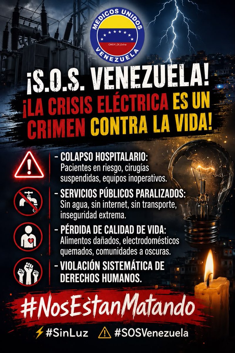 MUVaragua's tweet photo. #NosEstánMatando 
Ya son 27 años de involución,  ausencia de mantenimiento del sistema eléctrico nacional,  corrupción, desidia e incompetencia, nos han llevado a esta crisis eléctrica que está mermando la vida de los venezolanos. 
Diariamente sufrimos cortes de 5 horas mínimo 📌 https://t.co/3iWX6M5ld4