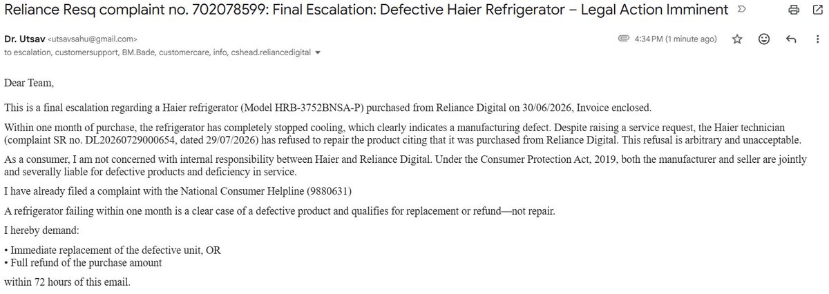 utsavsahu's tweet photo. Ever seen a fridge die in 30 days?I have
Bought Haier from Reliance Digital→stopped cooling in 1 month
Haier refused service as“Purchased from Reliance”
This is accountability failure
Under Indian law → BOTH are responsible
I want replacement/refund
@RelianceDigital @IndiaHaier https://t.co/SdqyNCDGLj
