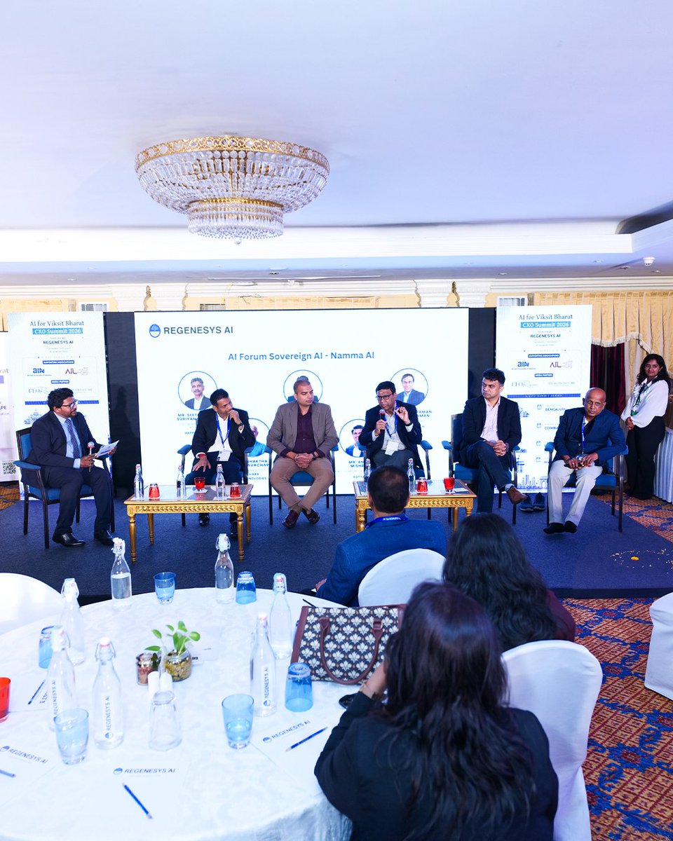 regenesys_ai's tweet photo. Regenesys AI Panel Highlights: "Sovereign AI – Namma AI" 🇮🇳

A standout session at the AI for Viksit Bharat CXO Summit 2026 in Bengaluru explored India's path to sovereign AI. Thanks to our panelists and moderator Viju Joy for an insightful discussion.

#RegenesysAI https://t.co/mwP9HA59t0