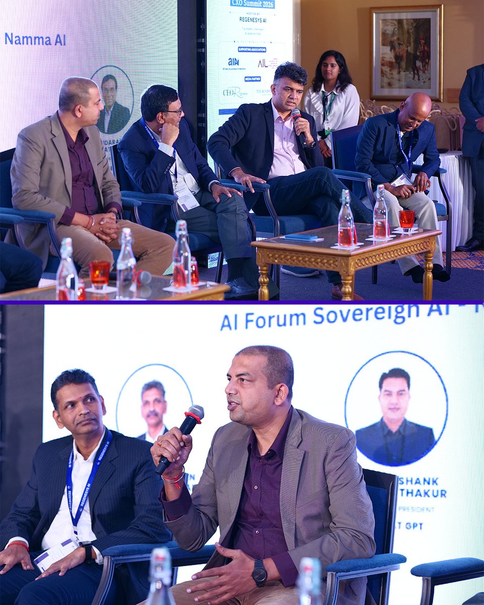 regenesys_ai's tweet photo. Regenesys AI Panel Highlights: "Sovereign AI – Namma AI" 🇮🇳

A standout session at the AI for Viksit Bharat CXO Summit 2026 in Bengaluru explored India's path to sovereign AI. Thanks to our panelists and moderator Viju Joy for an insightful discussion.

#RegenesysAI https://t.co/mwP9HA59t0