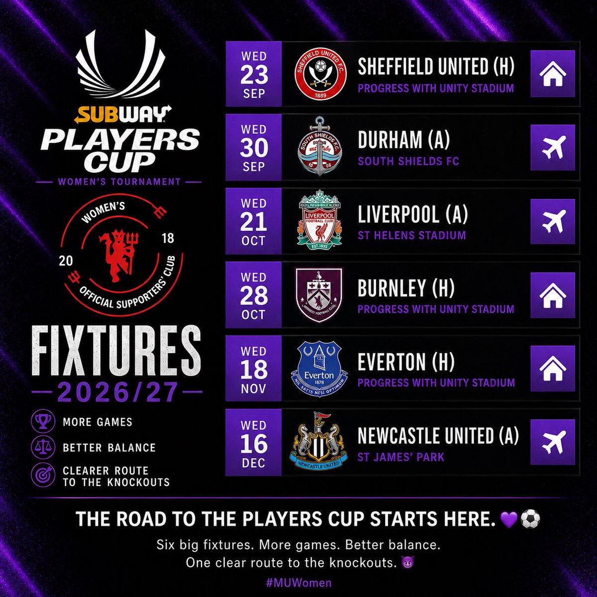 MUW_SC's tweet photo. The road to The Players Cup starts here. 🏆⚽️

Our Women’s team fixtures are confirmed, with six group-stage clashes standing between United and the knockout rounds.🔴⚪️ 
#MUWomen #PlayersCup #MUWSC https://t.co/uZPJNBVIsf