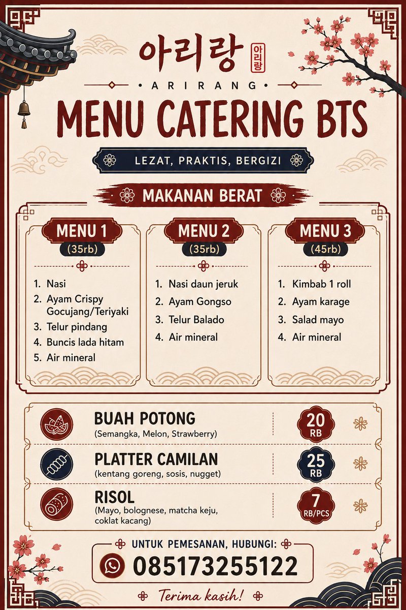 panggilajabuteh's tweet photo. Halo Army 💜
Aku Open PO untuk Catering selama konser Arirang di Jakarta nich.

Untuk Menu Cateringnya ada di gambar ya🥳

#ArmyBantuArmy

Open PO sampai 1 November 2026
Langsung pesen ke contact order di menunya 💕 https://t.co/0cNZfZdctY