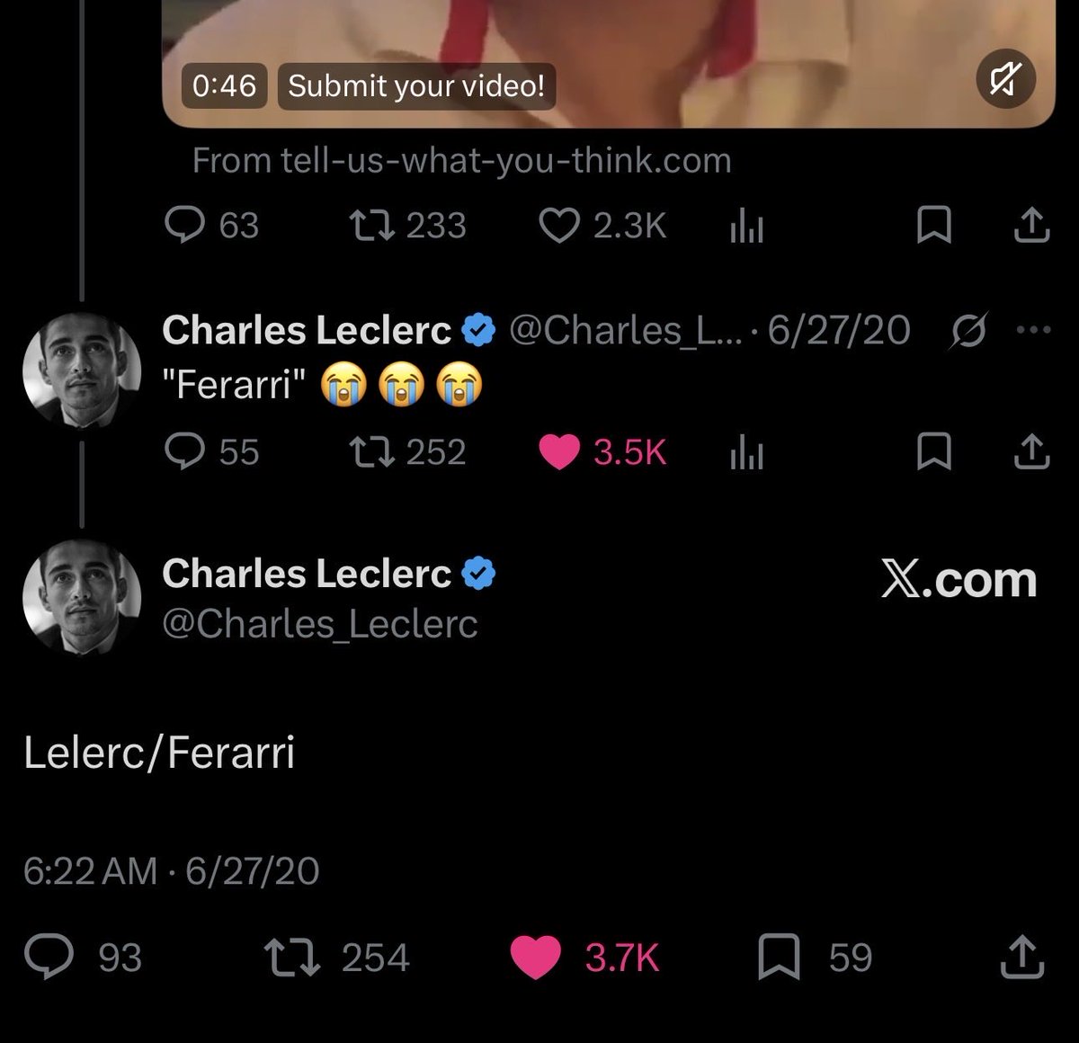 c1eclerc's tweet photo. not charles making fun of the f1 admin for spelling his name and ferrari incorrectly https://t.co/3sFEKJvJ6F