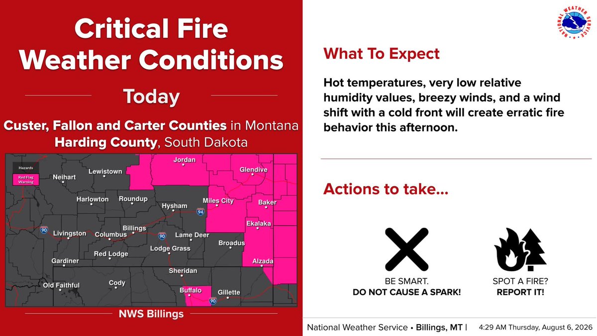 NWSBillings's tweet photo. 8/6 5am: Critical Fire Weather Conditions over SE Montana into the W Dakotas today. Elevated Fire Weather Conditions elsewhere today. Elevated conditions will continue through the weekend across the region. #MTwx #WYwx #WildfireDanger https://t.co/QJilWHm14C