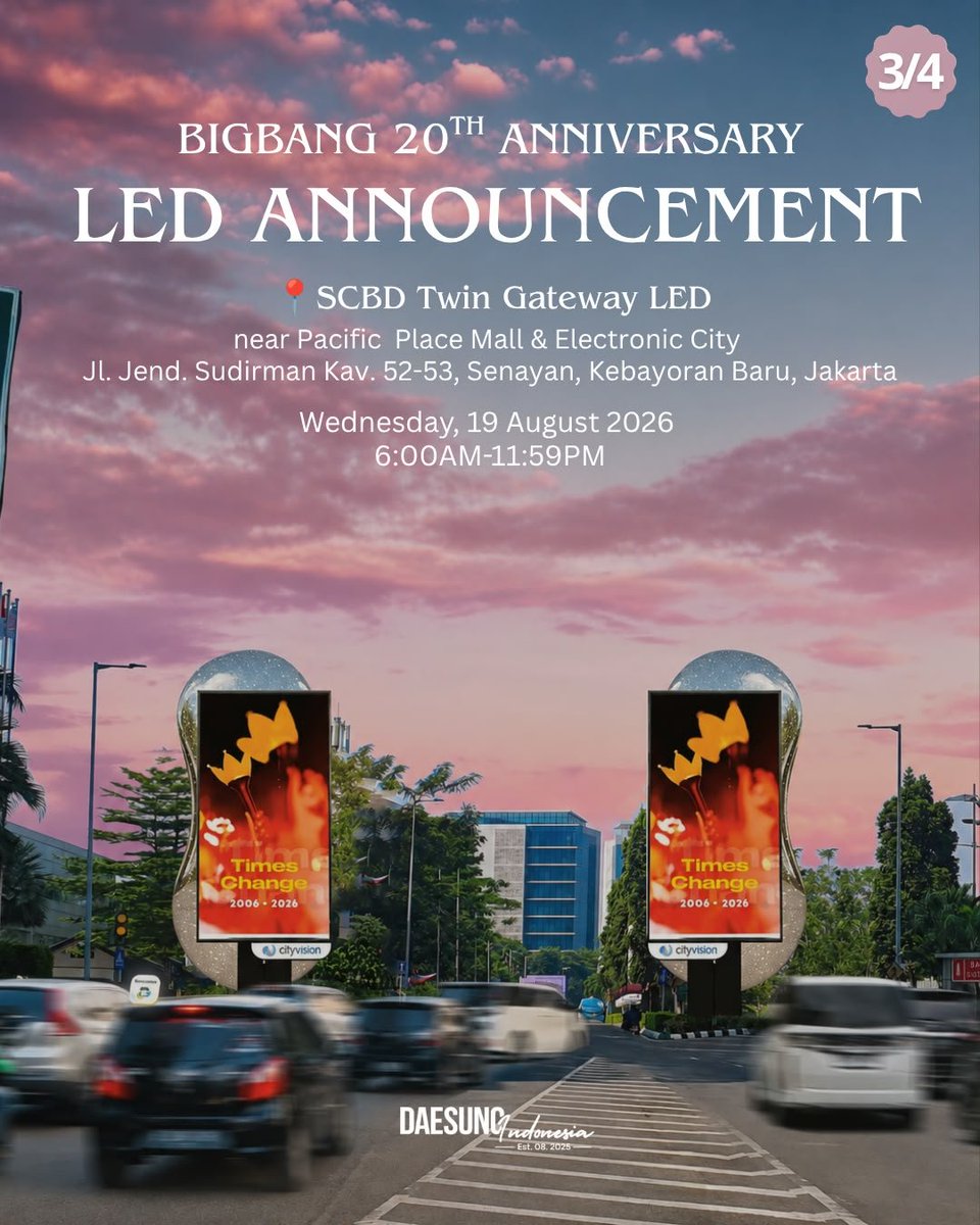 Daesung_IDN's tweet photo. Three down. One to go. 👑

✨ 3 out of 4 locations have now been unveiled.

The countdown continues as we prepare to celebrate 20 unforgettable years of BIGBANG across Jakarta.

Can you guess where our final LED location will be? 👀 https://t.co/KB62KGe3dC