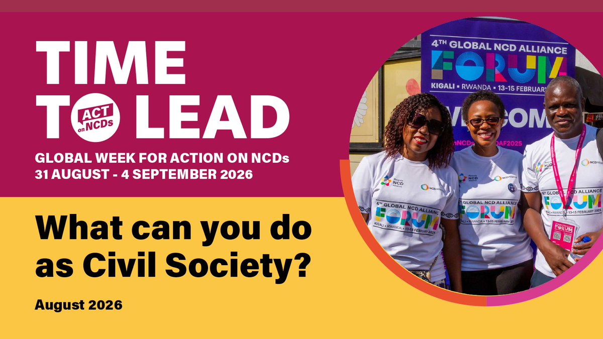 ncdalliance's tweet photo. 📣 Global Week for Action on NCDs (31 August–4 September) is just around the corner!

🤔 How can civil society get involved?

Check out our latest guide, which outlines practical ways for civil society to take part, influence decision-makers, and demand action.

Timed to coincide with the 3rd International Dialogue on Sustainable Financing for #NCDs and #MentalHealth, this year's campaign, under the theme of leadership, connects community advocacy and lived experience with global discussions on sustainable financing, access, implementation, and accountability.

⬇️ Download the guide here: https://t.co/ZocytXmMZy and together we can #ActOnNCDs