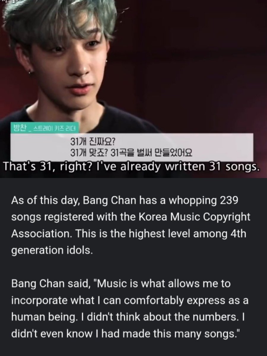 thrccracha's tweet photo. chan at 20 didn't expect he could make 31 songs 🤝 chan at 29 didn't expect he could make 239 songs https://t.co/oewobIlDFJ