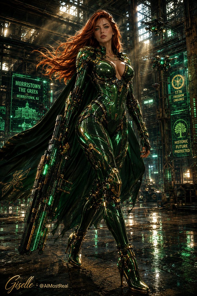 AImostReal's tweet photo. I put on the armor and the whole city felt smaller. 💚⚡
Green chrome, gold circuits, and that heavy rifle resting easy in my hand.
History. Honor. Heritage. Future.
All of it looks better when I’m the one standing in the light.
#Giselle #MorristownGreen #CyberArmor #PowerSuit #ThursdayVibes