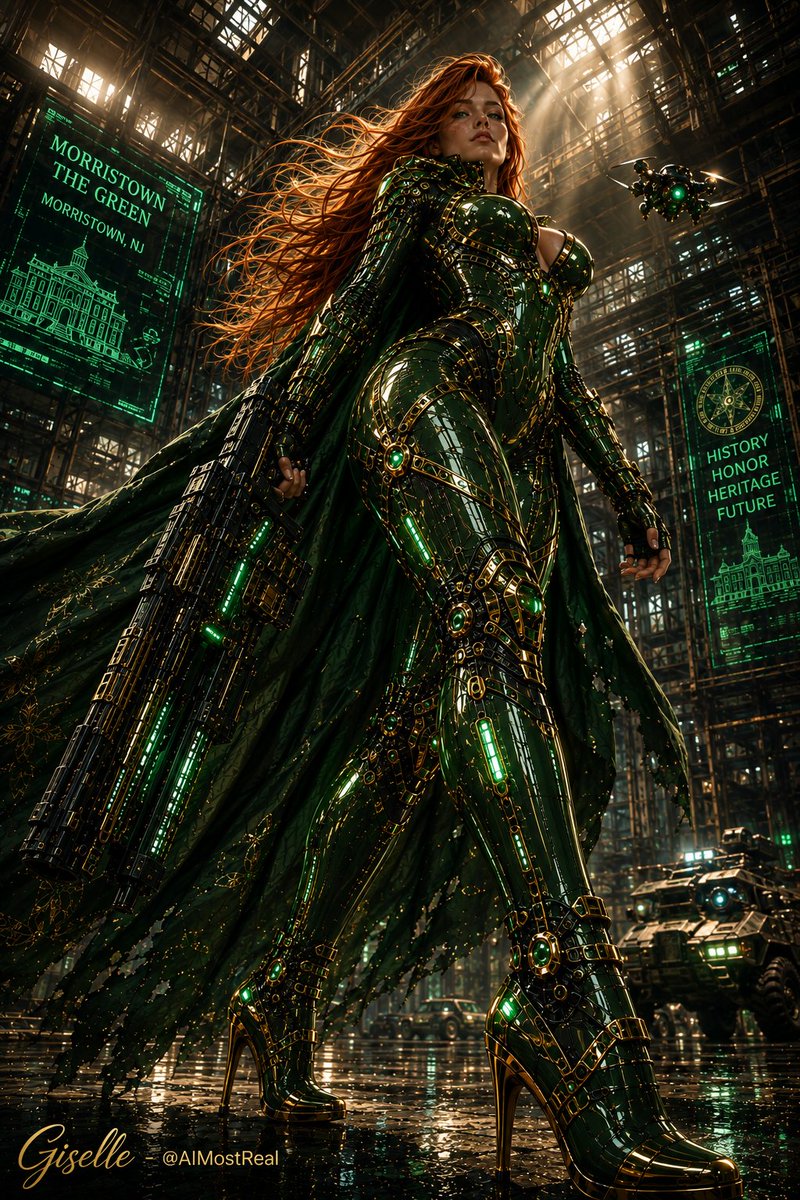 AImostReal's tweet photo. I put on the armor and the whole city felt smaller. 💚⚡
Green chrome, gold circuits, and that heavy rifle resting easy in my hand.
History. Honor. Heritage. Future.
All of it looks better when I’m the one standing in the light.
#Giselle #MorristownGreen #CyberArmor #PowerSuit #ThursdayVibes