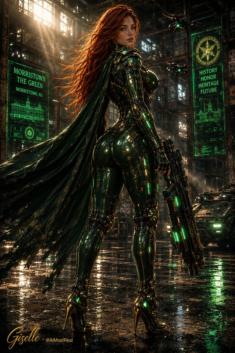 AImostReal's tweet photo. I put on the armor and the whole city felt smaller. 💚⚡
Green chrome, gold circuits, and that heavy rifle resting easy in my hand.
History. Honor. Heritage. Future.
All of it looks better when I’m the one standing in the light.
#Giselle #MorristownGreen #CyberArmor #PowerSuit #ThursdayVibes