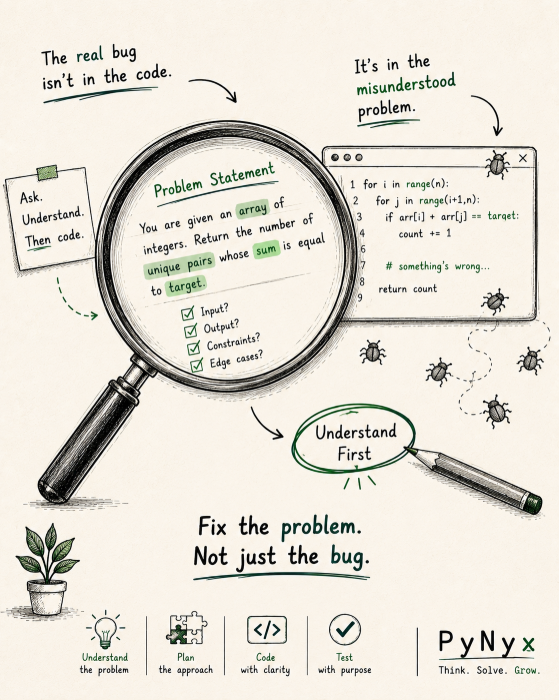 PyNyx_Official's tweet photo. Most bugs aren't caused by bad code.

They're caused by misunderstood problems.

Spend more time understanding the question than writing the solution.

Better thinking writes better code.
#pynyx #fypシ゚viral https://t.co/OOztFchXZl