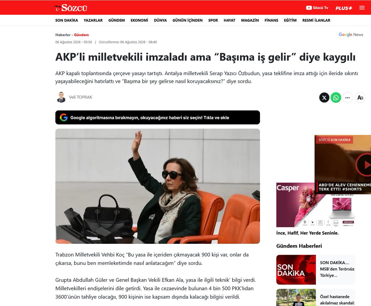 YasinAslanTrk1's tweet photo. Çerçeve Yasa'ya İmza Atan AKP'li Milletvekilleri Doğacak Sonuçlardan Daha Şimdiden Korkmay Başladılar
Yasa teklifine imza atan AKP Antalya Milletvekili Serap Yazıcı Özbudun, gelecekte başına geleceklerden korkarak panikle şunu sormuştur: "Yasa teklifine imza attığım için ileride sıkıntı yaşayabilirim. Başıma bir şey gelirse beni nasıl koruyacaksınız?'
AKP Trabzon Milletvekili Vehbi Koç ise feryat ederek sinsi affı tescillemiştir: "Bu yasa ile içeriden çıkmayacak 900 kişi var, onlar da çıkarsa, bunu ben memleketimde nasıl anlatacağım?"
Grup toplantısında verilen resmî bilgi skandalı belgelemiştir: Yasa ile cezaevinde bulunan 4 bin 500 PKK'lı teröristten tam 3 bin 600'ünün örtülü af planıyla tahliye edileceği resmen itiraf edilmiştir
Sadece imza atan vekiller değil, bu asimetrik ihanete göz yuman AKP'liler ve AKP'nin koltuk değneği Bahçeli ve MHP'liler de doğacak sonuçlardan korkmalıdır ve korkacaklardır