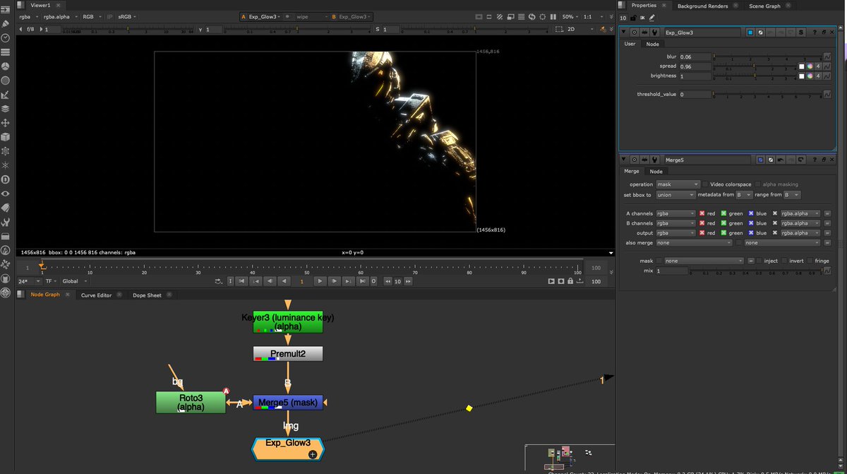eitarou0224's tweet photo. Compositing AcademyのYouTube無料チュートリアルで基礎を勉強📚光ってる金属部分にkeyer、Premult、Marge、Roto、Glow繋げたら黄金に輝いて感動しすぎて興奮しました笑
#Nuke #composit #VFX #30代半ばコンポジターへの挑戦 #30comp https://t.co/SxTNj6XgC9