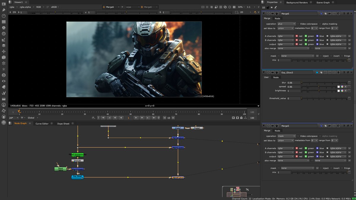 eitarou0224's tweet photo. Compositing AcademyのYouTube無料チュートリアルで基礎を勉強📚光ってる金属部分にkeyer、Premult、Marge、Roto、Glow繋げたら黄金に輝いて感動しすぎて興奮しました笑
#Nuke #composit #VFX #30代半ばコンポジターへの挑戦 #30comp https://t.co/SxTNj6XgC9