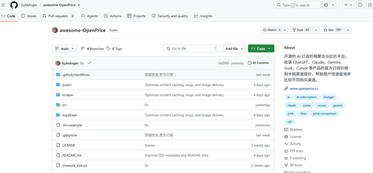 LiFeng61532's tweet photo. 买了不少 ChatGPT、Claude、Cursor 这类 AI 订阅
发现价格信息非常分散
官方订阅有不同 App Store 地区价格。非官方渠道又有日抛号、成品号、代充、Team 车位等各种类型
每种类型又有各种渠道报价，这些报价藏在发卡网、QQ 群、电报群里，很难接触到，想多渠道比较价格更是非常困难
这个开源项目解决了以上所有痛点
它主要做两件事：
-收录各类 AI 订阅和数字产品的渠道报价，方便在一个页面里对上百个渠道进行比价
-对比 App Store 不同地区的官方订阅价格
目前覆盖：
ChatGPT
Claude
Cursor
Grok
Google / Microsoft 邮箱
接码、海外账号等数字产品