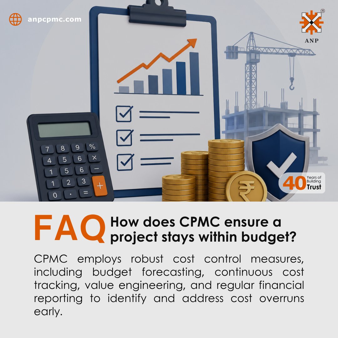 ANPIndia's tweet photo. How does CPMC keep a project on budget?
Budget forecasting, continuous cost tracking, value engineering, and regular reporting = cost overruns caught early.
Building trust since 1986.
🌐 Visit: https://t.co/WL3beuJGbZ
#CostControl #ConstructionIndia #ANPCPMC #40YearofANP https://t.co/em5796S8QI