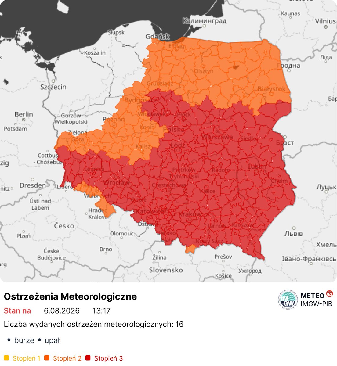 IMGWmeteo's tweet photo. ⚠️ Ostrzeżenia meteorologiczne IMGW-PIB

Obowiązują ostrzeżenia meteorologiczne przed upałem oraz burzami.

Ostrzeżenia 3. stopnia przed upałem wydano dla części województw południowej, centralnej i wschodniej Polski. Na północy kraju obowiązują ostrzeżenia 2. stopnia.

Dla obszarów objętych ostrzeżeniami przed burzami prognozowane są opady deszczu o dużym natężeniu, silne porywy wiatru oraz lokalnie opady gradu.

Aktualna mapa ostrzeżeń oraz szczegółowe informacje dostępne są w serwisie:
🌐 https://t.co/TFpwj6p9MO
#IMGW #ostrzeżeniameteorologiczne #upał #burze #pogoda