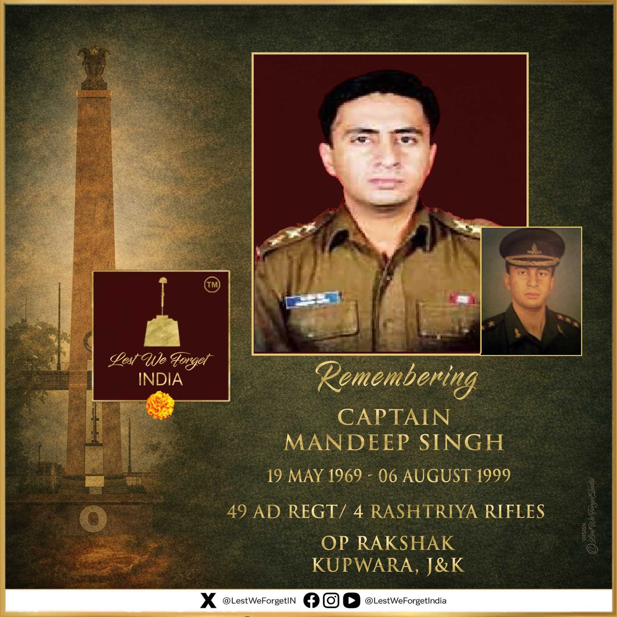 LestWeForgetIN's tweet photo. #LestWeForgetIndia🇮🇳 the supreme sacrifice of Captain Mandeep Singh, 49 AIR DEFENCE REGT / 4 RASHTRIYA RIFLES, fighting terrorists during an attack at an Army Camp, in Kupwara, J&K #OnThisDay 06 August in 1999

Remember the valiant #IndianBrave  and his service, always🏵️

@mehartweets