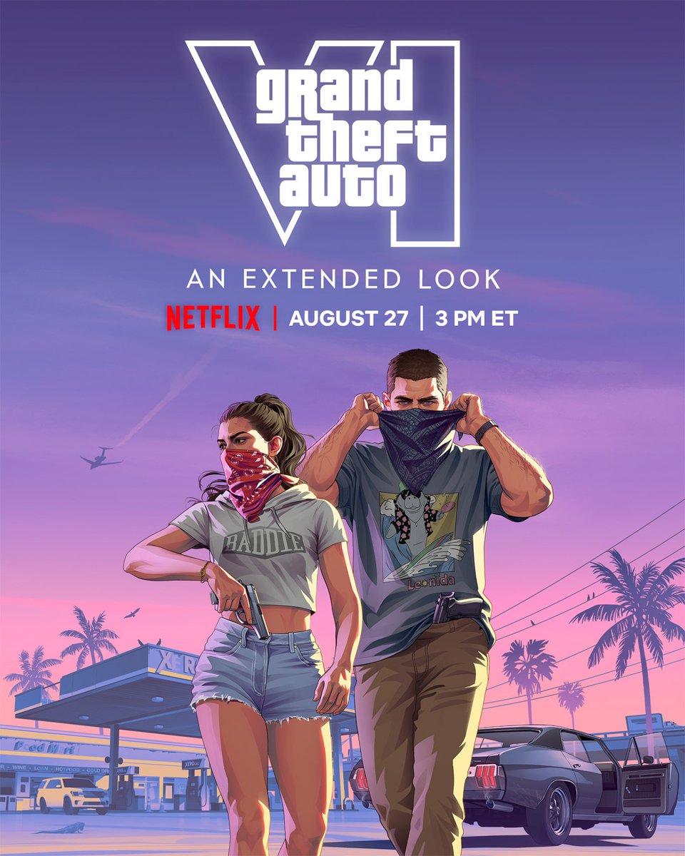 NetflixUK's tweet photo. GRAND THEFT AUTO VI: AN EXTENDED LOOK. Coming to Netflix Thursday 27 August, at 8PM BST.

https://t.co/hLQqWNA8lI https://t.co/r5Ig985VwP