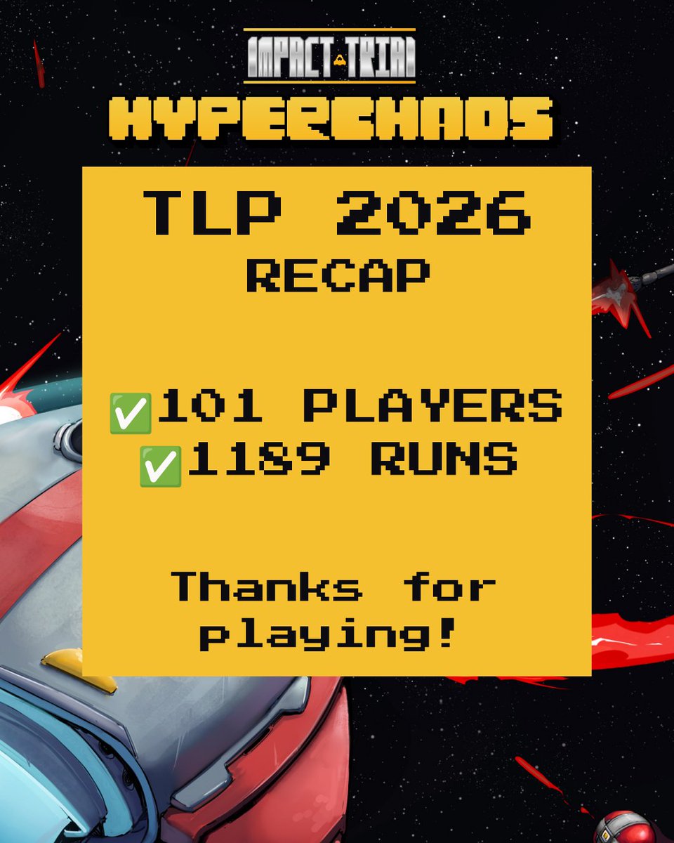 ithyperchaos's tweet photo. Here’s a quick recap of the Impact Trial: Hyperchaos experience at TLP 2026.

Thank you so much to everyone who played!

More updates are coming very soon.

Can you survive the Hyperchaos? 🚀💥

#IndieGame #BulletHell https://t.co/9l8CE24vSz