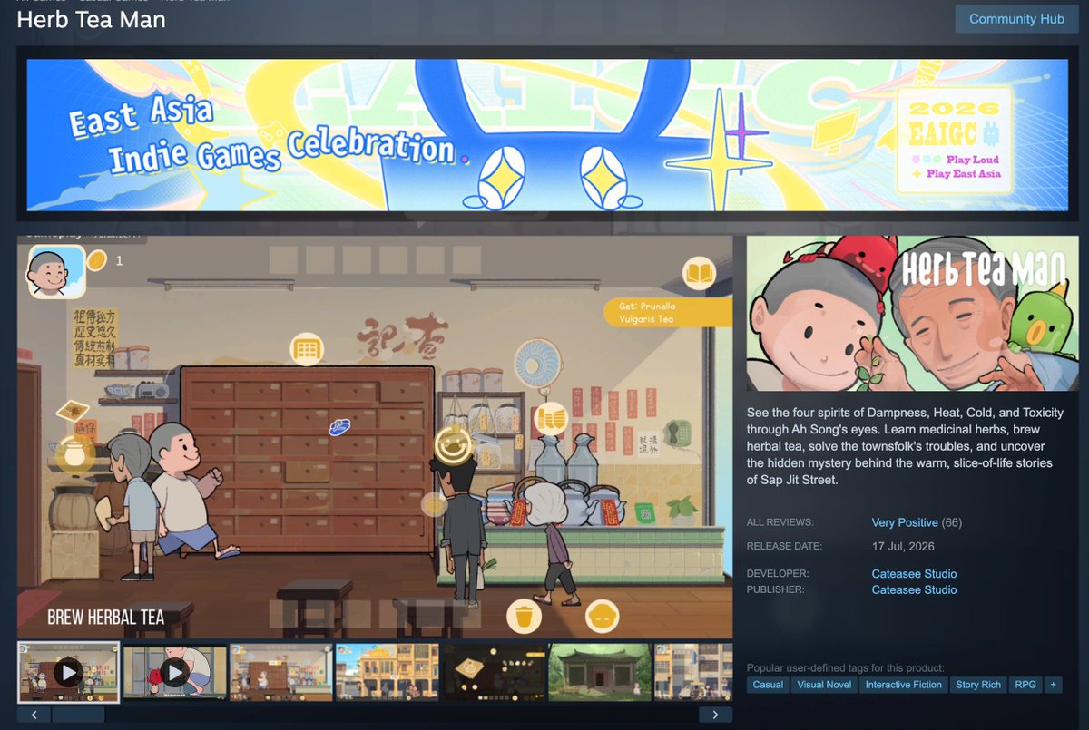 Cateasee_Studio's tweet photo. 🎉 Herb Tea Man is joining the Steam East Asia Indie Games Celebration 2026!
Step into a lively Guangdong neighborhood in the 1990s,
brew authentic herbal tea,
meet memorable locals,
and discover the warmth of traditional Chinese herbal culture.
If you enjoy wholesome management sims and culturally inspired indie games, we'd love to welcome you!
🍵 Play Herb Tea Man on Steam
#Steam #IndieGame #EastAsiaIndieGames #HerbTeaMan #CozyGame