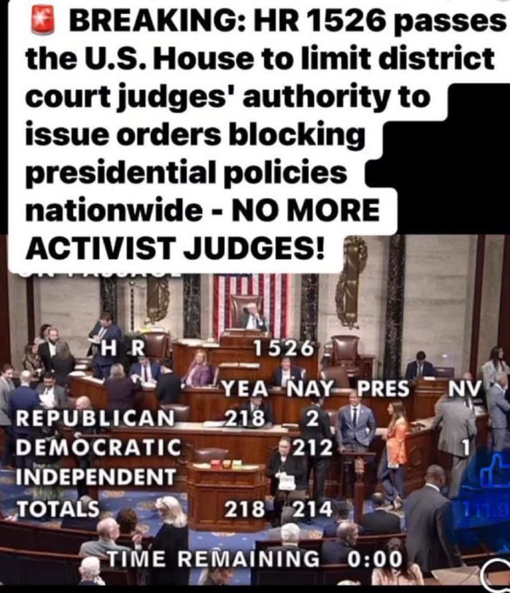 Patriotism87543's tweet photo. The House passed a bill that’s now in the Senate. If it becomes law, activist judges issuing nationwide injunctions to block Trump’s policies could be arrested for exceeding their authority, ending so-called black robe tyranny. 

Do you support this?

A. Yes
B. No https://t.co/r8CzC0TYD0