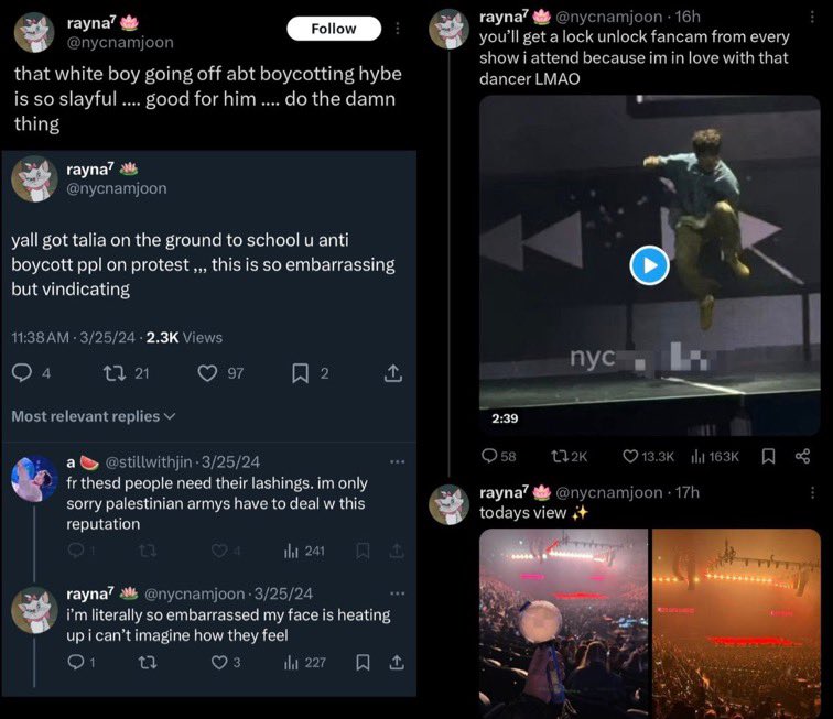 jinnieacess's tweet photo. 🚨 Como sempre falo, é impossível conhecermos todas as contas que já tiveram um comportamento ruim em relação ao BTS. 

E por isso venho avisar mais uma vez, sobre uma conta específica que é a @/nycnamjoon, por que desde ontem muitas pessoas estão usando suas fancams.

Além de ter promovido o boicote contra os membros também já fez ataques diretos a eles, e age normalmente indo aos shows. 

Além do mais, tem um círculo social composta por ssg, isso inclui a seokjingersnap. 

Também tem um comportamento um tanto inadequado, de seguir os membros em restaurantes que eles vão ao ponto de ser reconhecida por funcionários do local. 

Evitem interagir com esse tipo de gente, abaixo irei linkar algumas vezes na qual ela já parou em report.