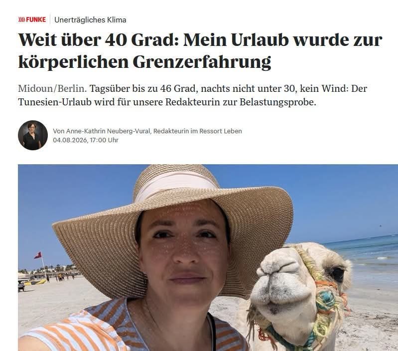 kripp_m's tweet photo. Die linksdrehende Mimosenjournaille macht im Sommer in die nordafrikanischen Subtropen rüber, nur um über die Hitze dort zu jammern. Kann man sich alles nicht ausdenken. https://t.co/aVW7hVjfWI