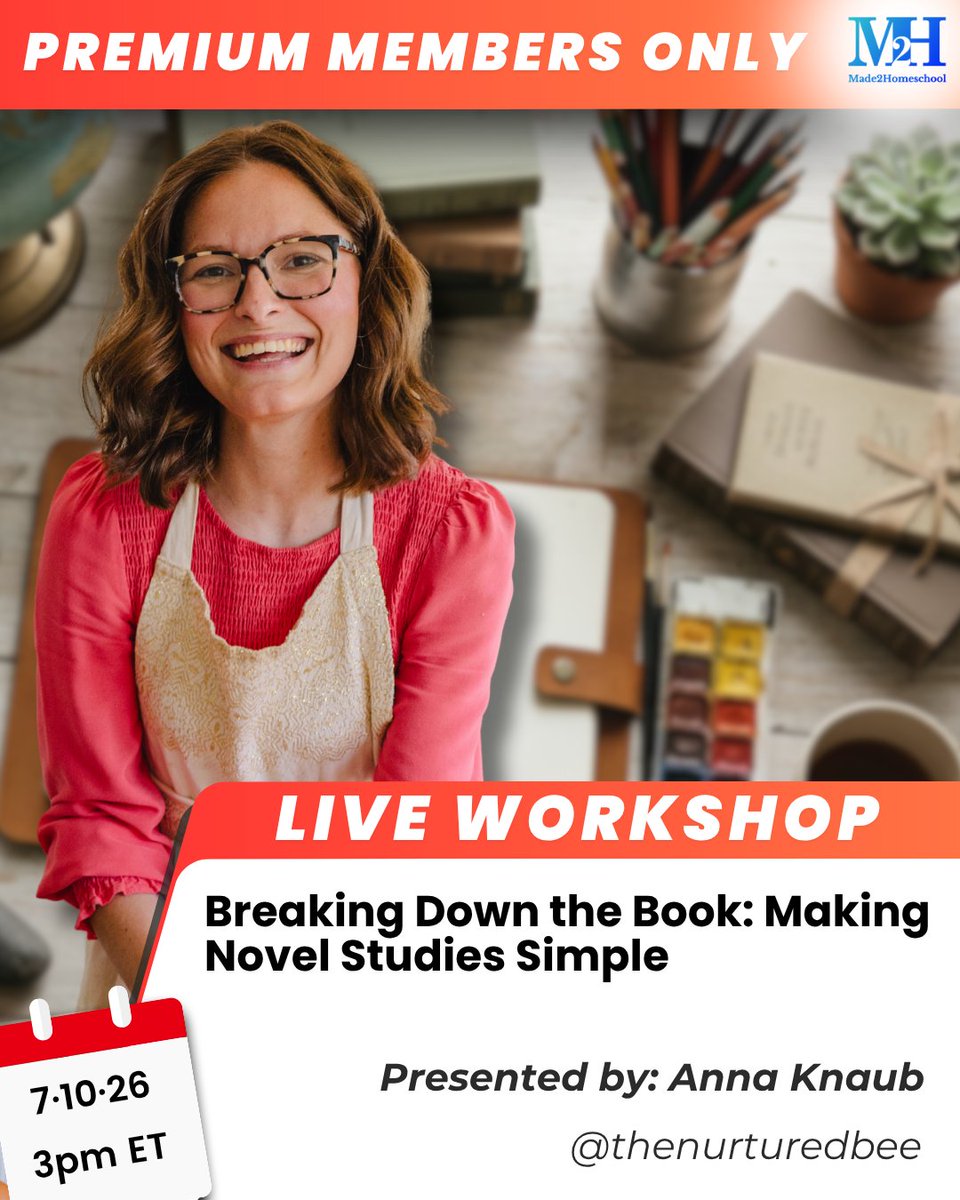 made2homeschool's tweet photo. Novel studies don't have to feel overwhelming! 📚 Join Anna @thenurturedbee as she shares simple, practical ways to break any novel into a meaningful, manageable study your family will actually enjoy. https://t.co/Aq6hlmZeCa